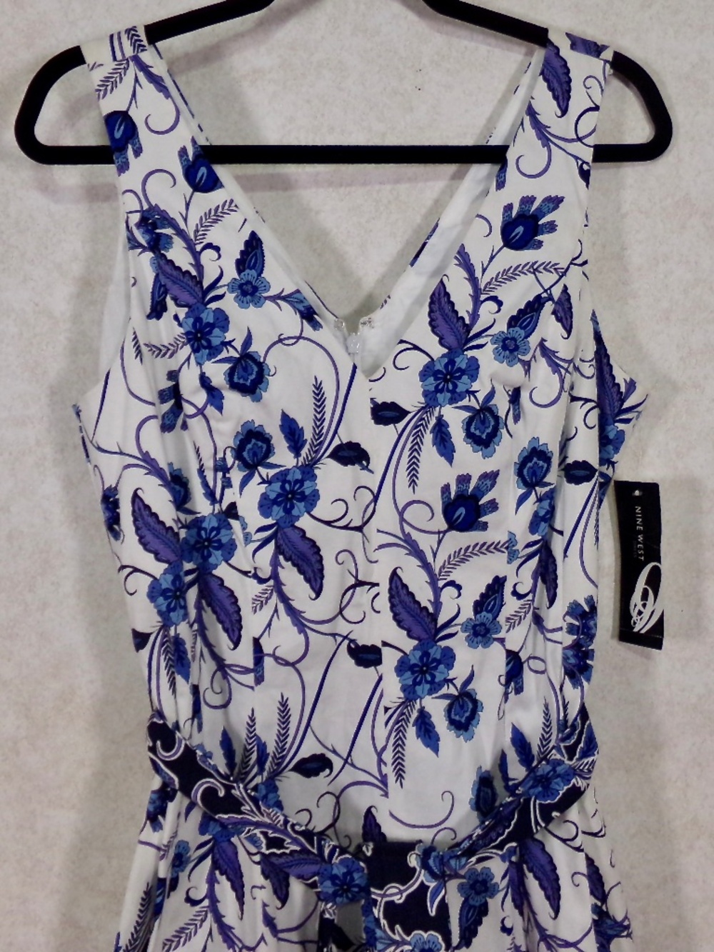 NWT Nine West Blue Combo Dress, Lined, VNeck & Back, Slight Streatch,Bk Zip Sz14 - Picture 2 of 13